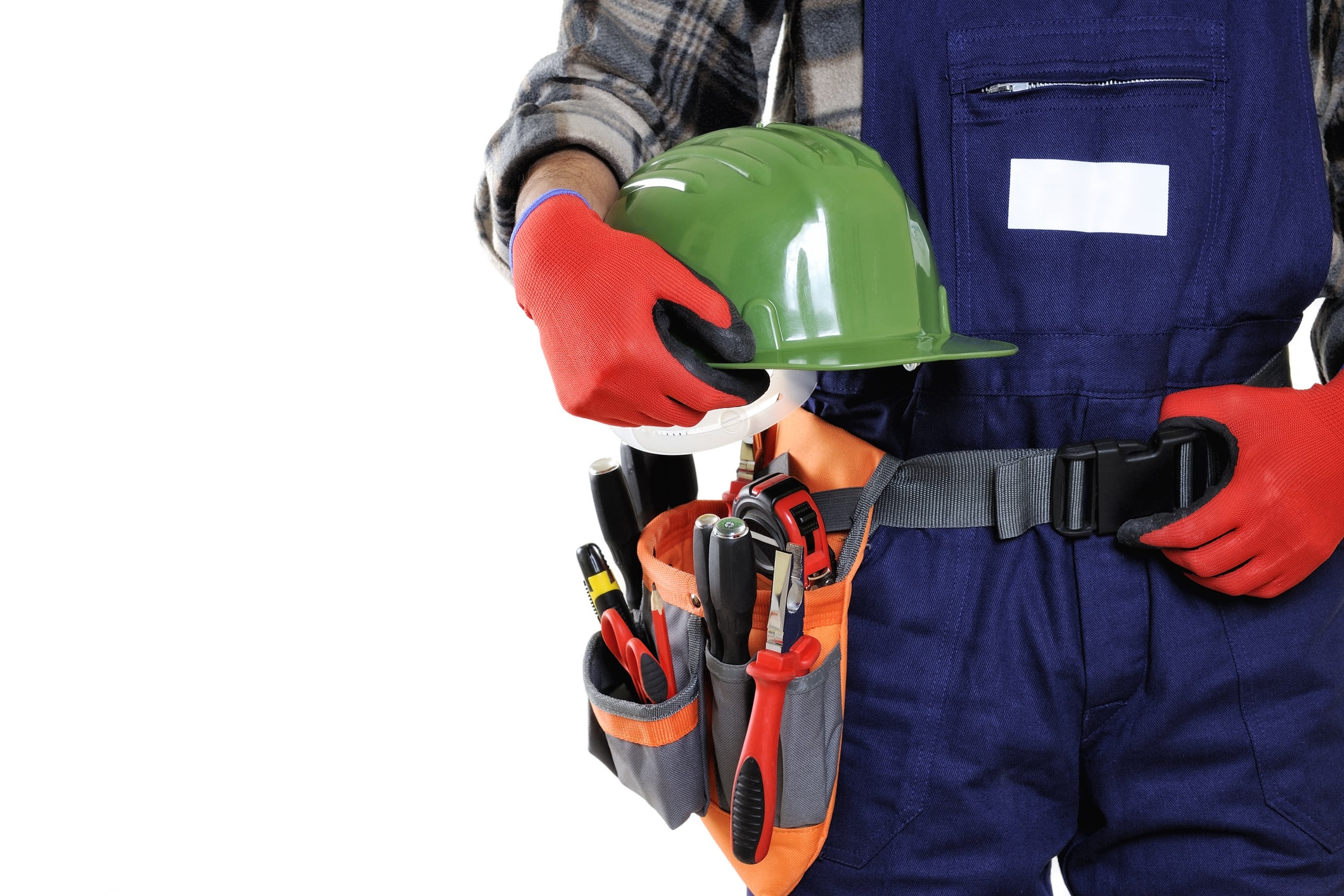 Young technician wearing protective gloves and helmet in the hands isolated on white background.