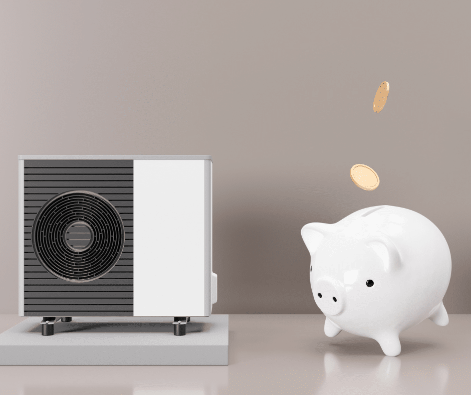 A piggy bank next to a heat pump representing money saved by upgrading from central air