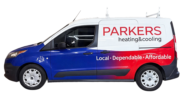 Parker's heating & cooling van with blue body and white top, displaying Local • Dependable • Affordable on the side panel.