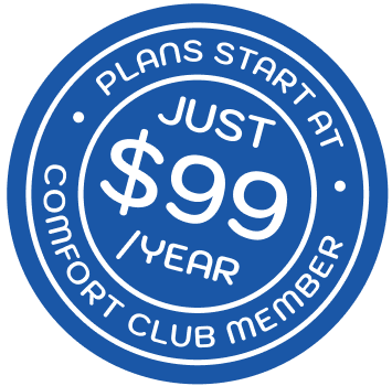 Pricing badge: 'Plans start at just $99/year' for Comfort Club Member (blue circular badge)