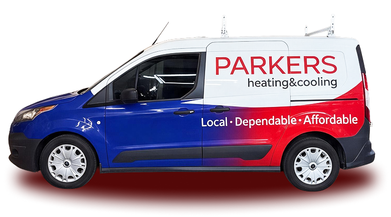 HVAC service van ( Parker's heating & cooling ) in blue, white, and red with the slogan Local • Dependable • Affordable on the side.