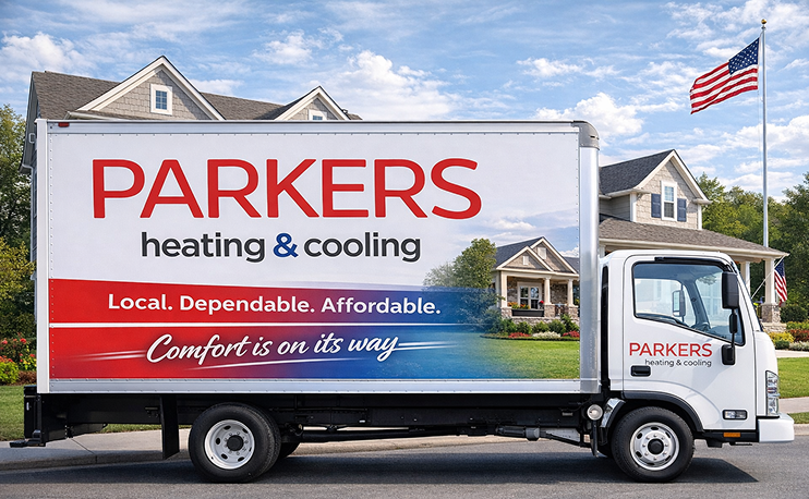 PARKERS heating & cooling service truck parked in front of a suburban home; American flag overhead.
