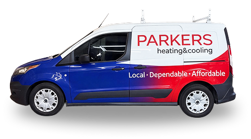 Service van for Parker's heating & cooling in blue, white, and red with slogan 'Local • Dependable • Affordable'