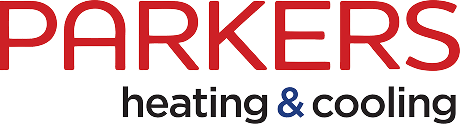 PARKERS Heating & Cooling logo in red PARKERS text with gray-blue 'heating & cooling' subtitle
