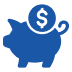 Blue piggy bank icon with a coin dropping into its slot, symbolizing savings and money management.