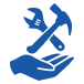 Blue open hand beneath crossed wrench and hammer, symbolizing repair and support.