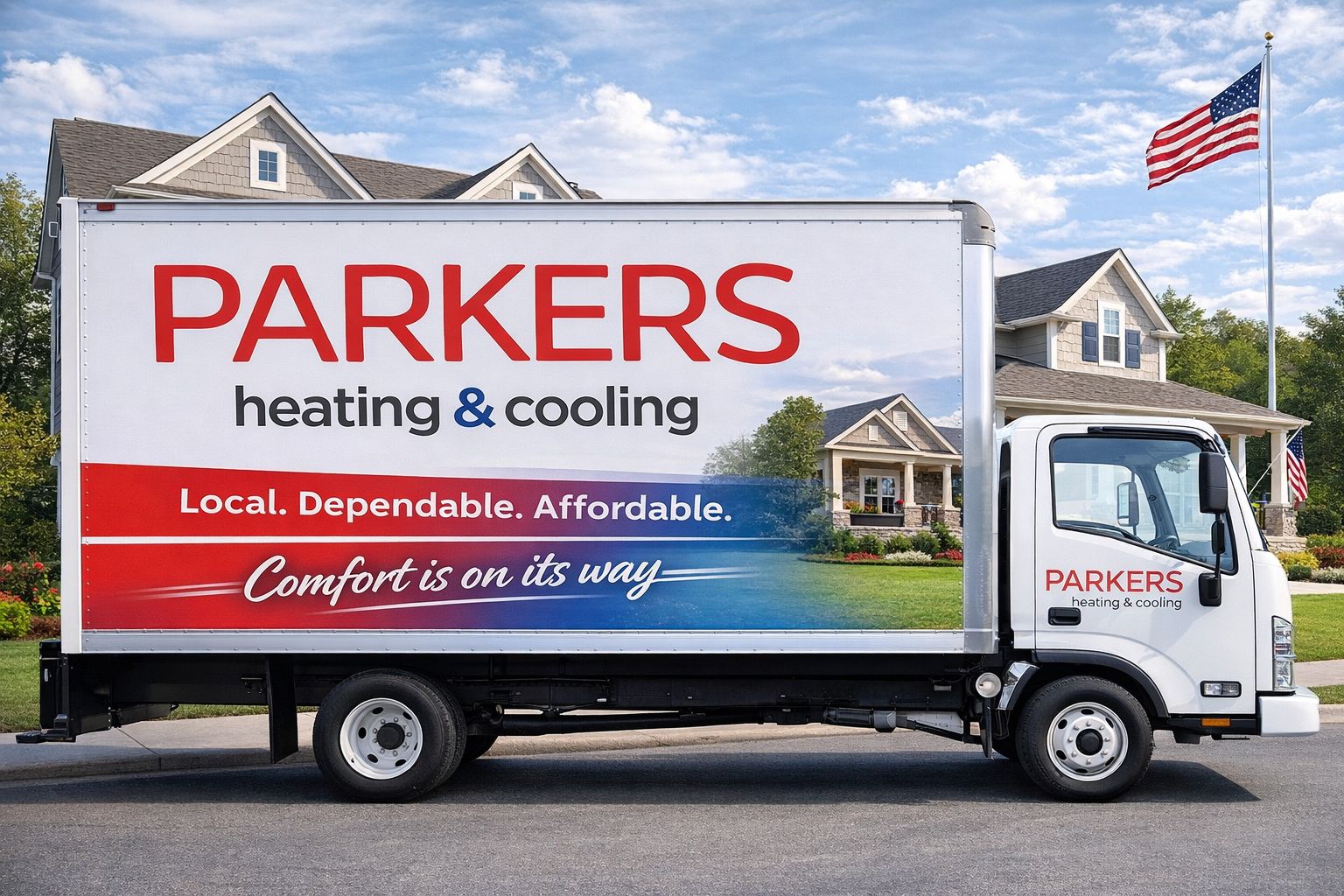 White Parker's heating & cooling delivery truck parked in a suburban neighborhood with a large colorful advertisement on the side showing the company name and tagline.