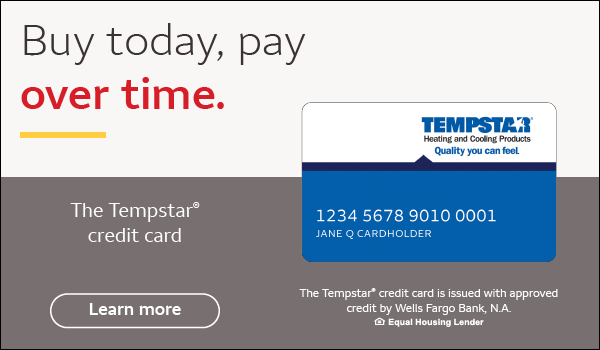 Advertisement: 'Buy today, pay over time' with a blue Tempstar credit card image and a 'Learn more' button.